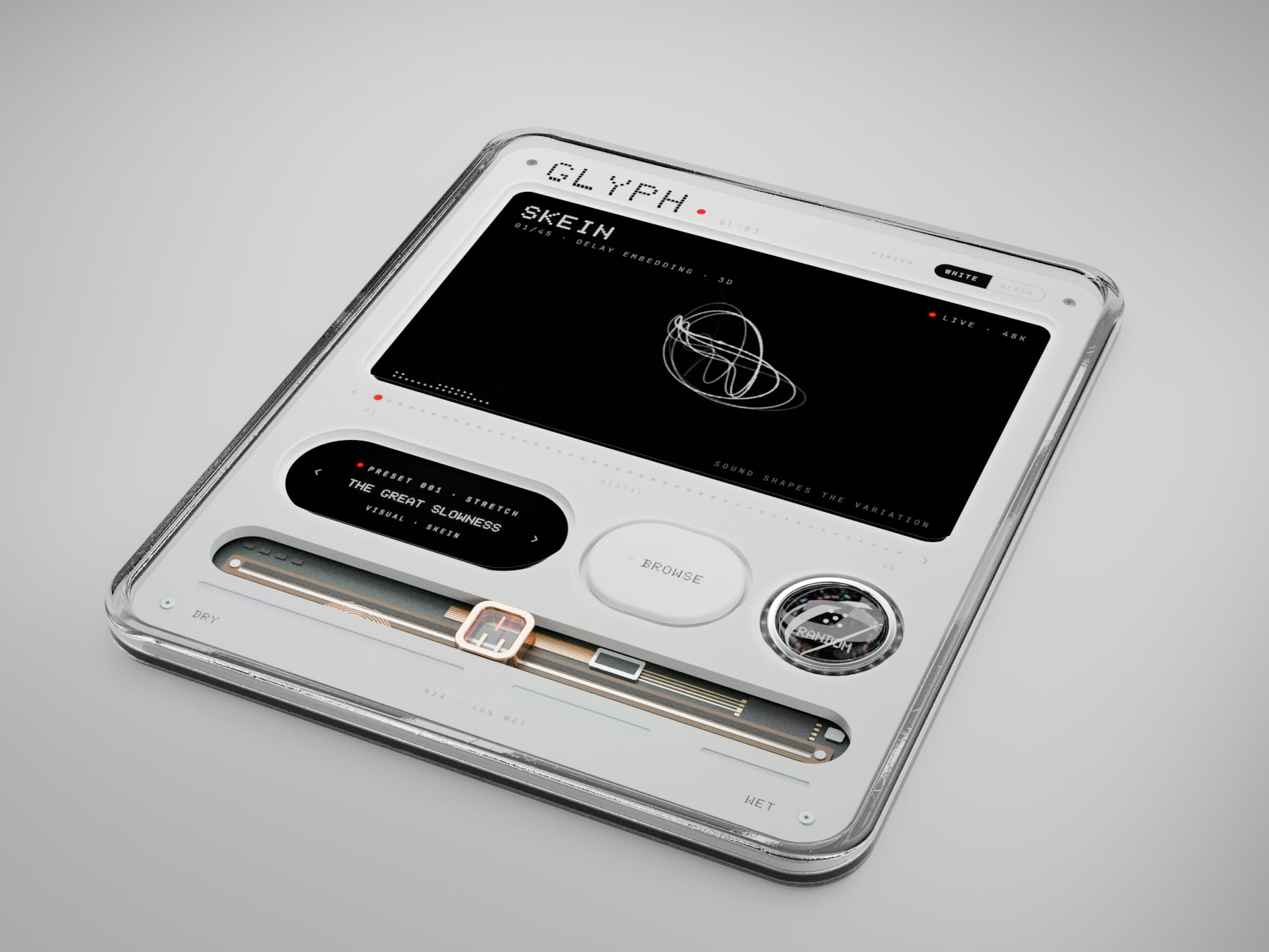 GLYPH, le plugin granulaire, en objet d'acrylique blanc
